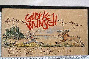 Hand drawn birthday card depicting an actual event, where POW Paul Nerber, interned in Canada, was chased by a moose. From the collection of Robert Henderson.